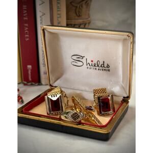 Shields Fifth Avenue Mad Men Vintage Mens Jewelry Set Ruby Glass Cufflinks Lot